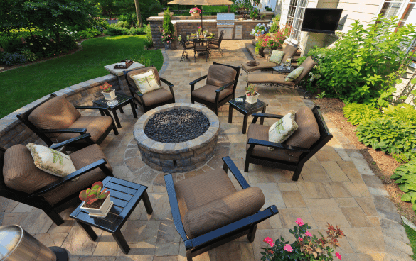 Custom paver patio with fire pit installation by professional Hardscaping contractor Belmont, NC